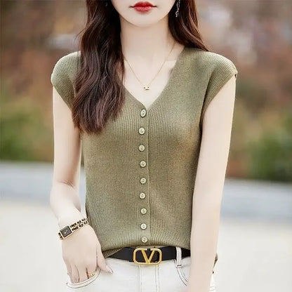 Women's Clothing New Fashion V-neck Knit Tops Summer Casual All-match Thin Sleeveless Tanks Lady Solid Single-breasted Cardigan