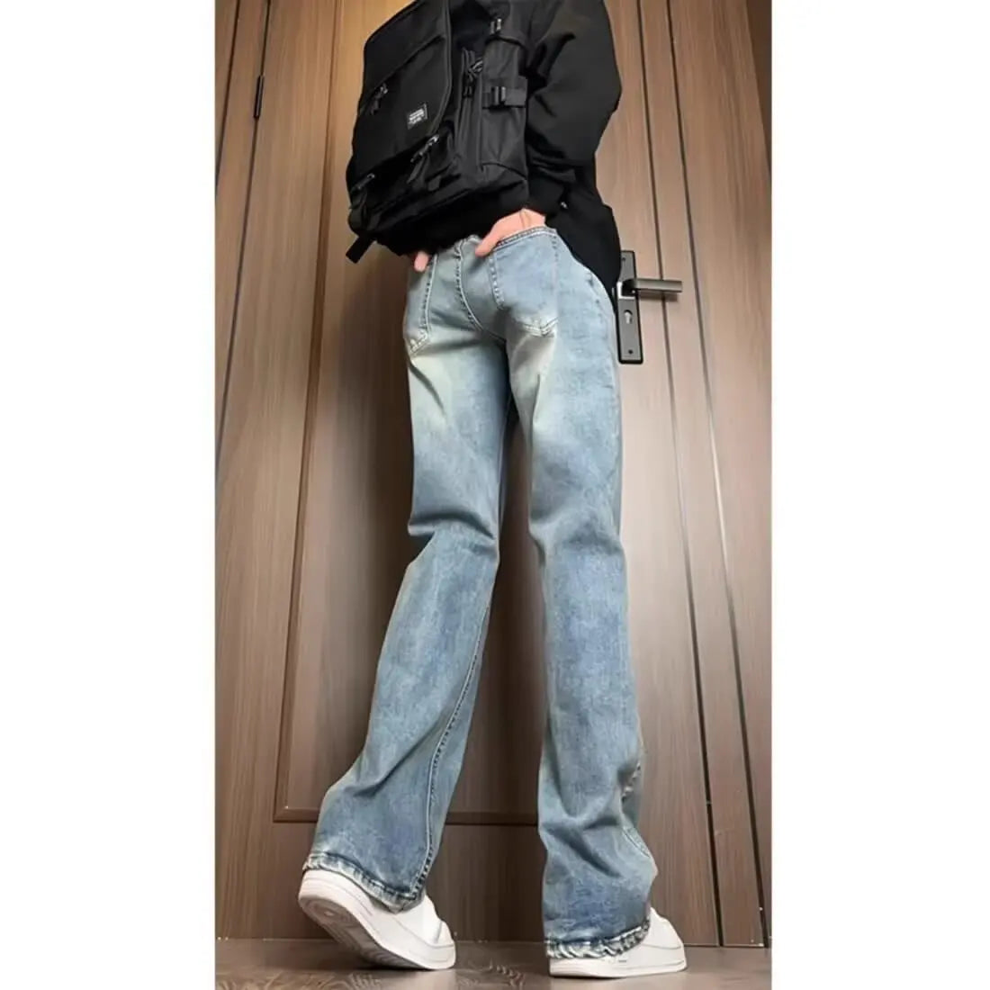 Men's Y2K Flare Jeans Vintage Washed Straight Leg Denim Pants Stacked Long Trousers Streetwear Loose Fit Bottoms