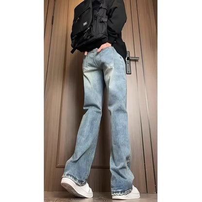 Men's Y2K Flare Jeans Vintage Washed Straight Leg Denim Pants Stacked Long Trousers Streetwear Loose Fit Bottoms