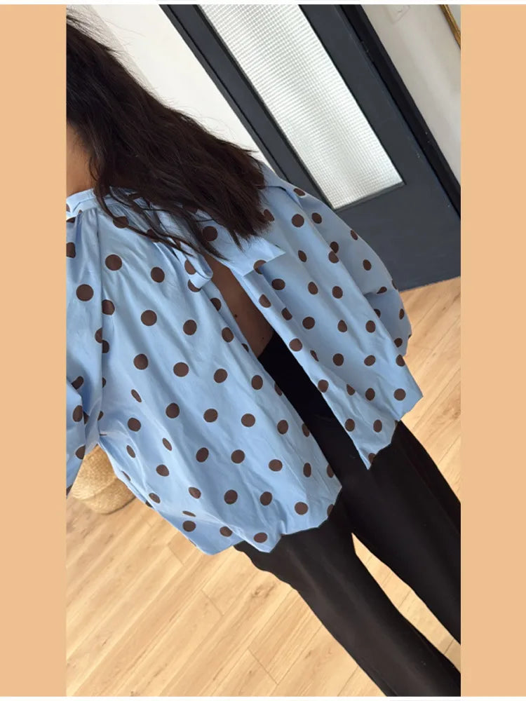 2026 New Women's Two-tone Polka Dot Shirt Mandarin Collar Puff Sleeve Backless Lace-up Spring Summer Loose Casual Fashion Top