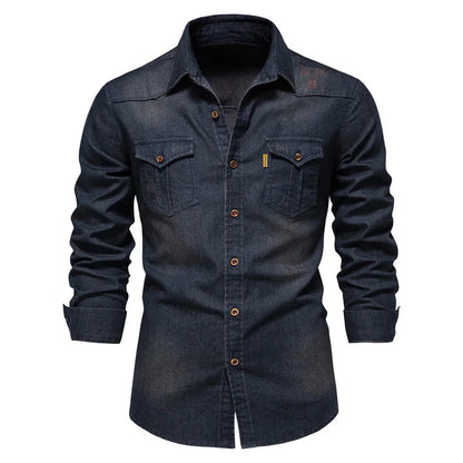 2025 Autumn Cotton Denim Shirts Men Casual Long Sleeve Quality Cowboy Shirt Solid Color Slim Fit Elastic Navy Blue Black Clothes
