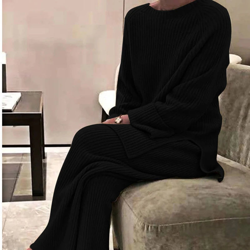 Women Elegant Sweater Suit Elegant Knitted Two Pieces Set Autumn Winter Oversized Pullover and Trousers Suit Female Outfits 2022