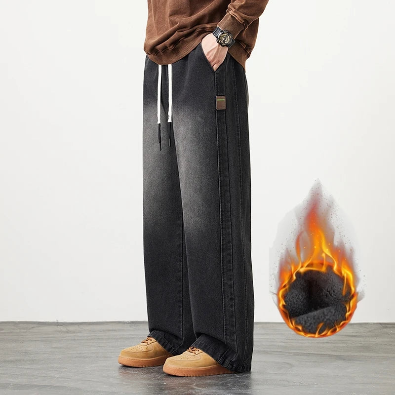 Winter Velvet Wide Leg Denim Jeans Men's Casual Loose Trousers Neutral Outdoor Fashion Pants Big Size 8XL