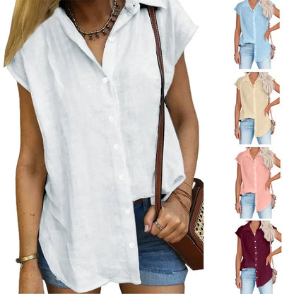 Cotton Linen Shirt Ladies Tops Tee Casual Thin Loose Woman T Shirt Summer Short Sleeve Solid T-Shirts Women Clothing Blusas
