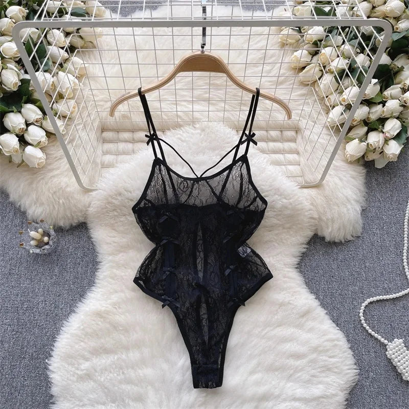Sexy Lace Strap Jumpsuit Slim Fit Transparent Women's Pajamas Halter Playsuit Erotic Lingerie Catsuit Backless Hollowed Bodysuit