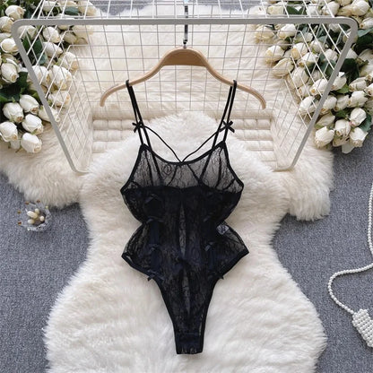 Sexy Lace Strap Jumpsuit Slim Fit Transparent Women's Pajamas Halter Playsuit Erotic Lingerie Catsuit Backless Hollowed Bodysuit
