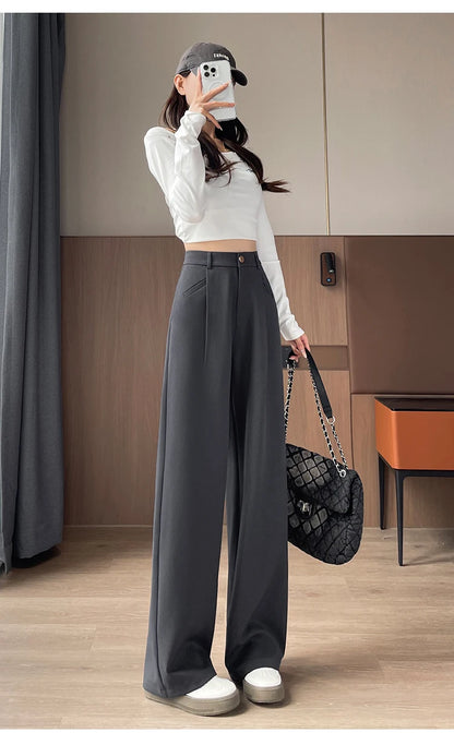 Seoulish Autumn Elegant Women's Wide Leg Pants 2024 New Korean Solid Button Casual Loose Office Full Length Trousers Female