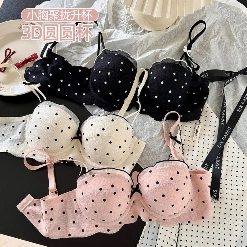Ensemble Soutien-Gorge French Coquette à Pois Sans Armature, Effet Push Up Pour Petite Poitrine Forme Pêche, Confortable et Sexy