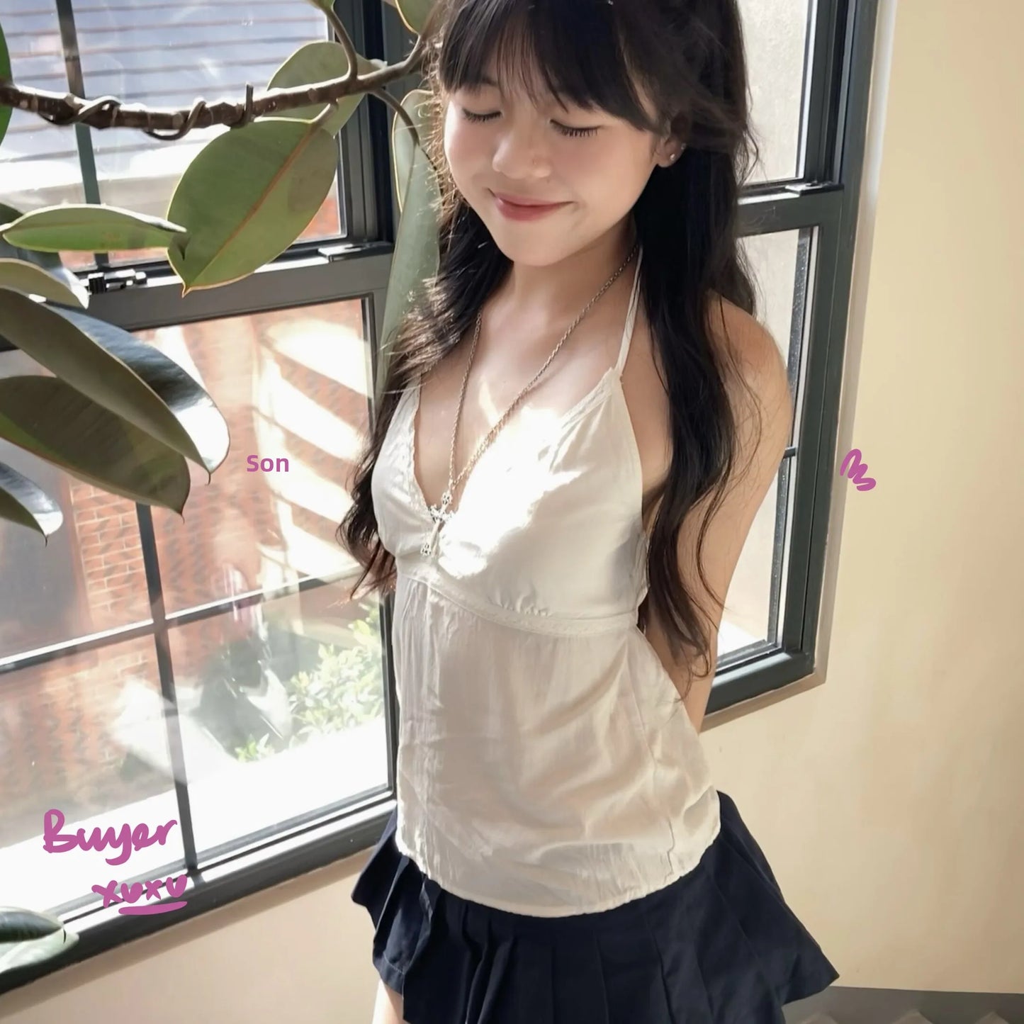 Brandy Melville Pure Cotton Three-Button Base Layer Vest Sweet Style V-Neck Sleeveless Tank Top for Women Spring Summer
