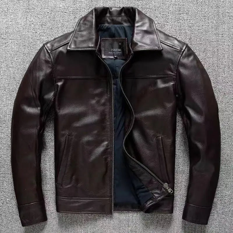 Men's Genuine Cowhide Leather Jacket Black Lapel Biker Coat Slim Fit Wind Proof Motorcycle Zip Up Casual Autumn Winter Outerwear