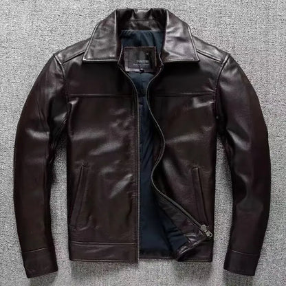 Men's Genuine Cowhide Leather Jacket Black Lapel Biker Coat Slim Fit Wind Proof Motorcycle Zip Up Casual Autumn Winter Outerwear