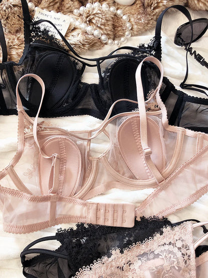 Sexy Hollow Women Underwear Lace Floral Embroidery French Ultra Thin Cup Push Up Bra Set Adjustable Strap Brassiere Panties Sets