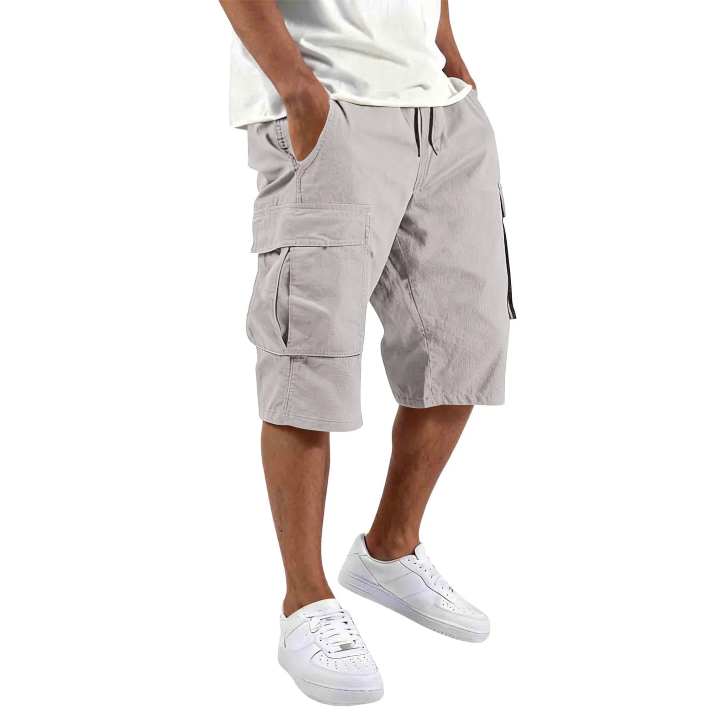 Summer Men Loose Straight Pants Casual Multi-Pocket Shorts Pure Color Fashion Men Shorts Drawstring Daily Cargo Short Pants