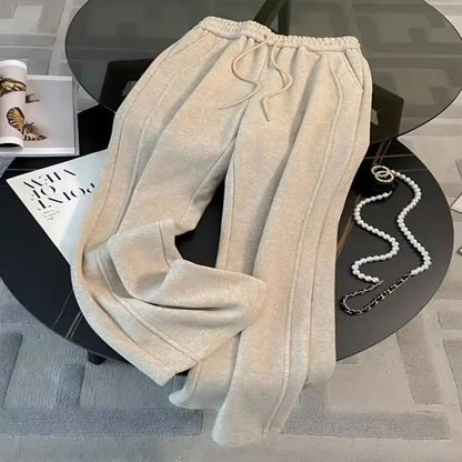 Korean Style Casual Sportswear Set Women's Autumn Winter Slimming Simple Fleece Zipper Sweatshirt Wide Leg Pants Two Piece Set