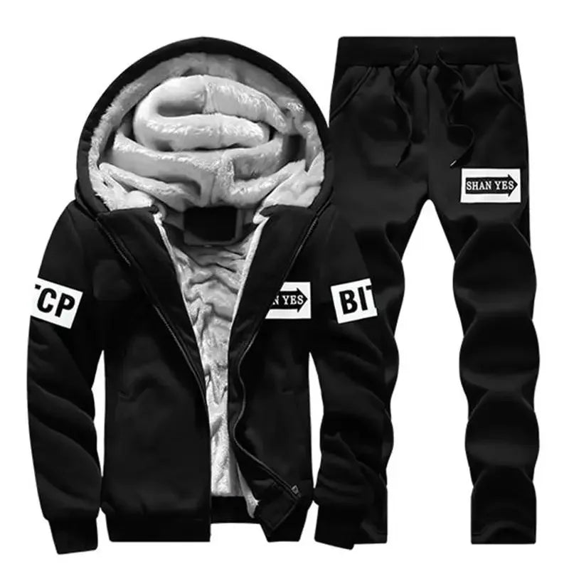 Winter Men Set Casual Warm Thick Hooded Jacket+Pants 2PC Sets Men Inner Fleece Hoodies Zipper Tracksuit Male Sports Suit Outwear