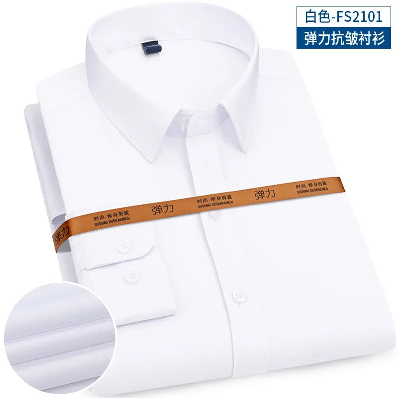 New Men's Shirt Long Sleeve Tooling Elastic Business Slim-fit Non-ironing Long Sleeve High-end Solid Color Men's Casual Shirts