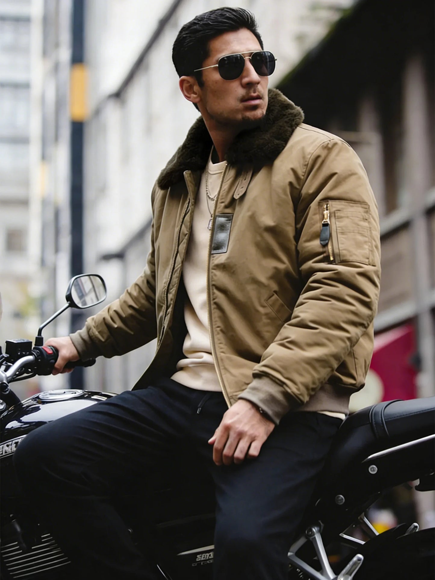 Men's B-15 Bomber Jacket Winter Warm Fur Collar Military Flight Jacket Thick 100% Cotton Motorcycle Coat Vintage Csual Outwear