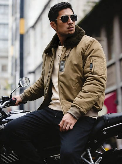 Men's B-15 Bomber Jacket Winter Warm Fur Collar Military Flight Jacket Thick 100% Cotton Motorcycle Coat Vintage Csual Outwear