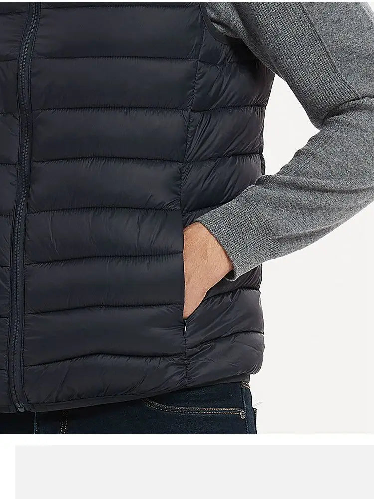 Men’s Winter Sleeveless Vest – Fashionable Cotton-Padded Design with Stand Collar, Warm Waistcoat Style