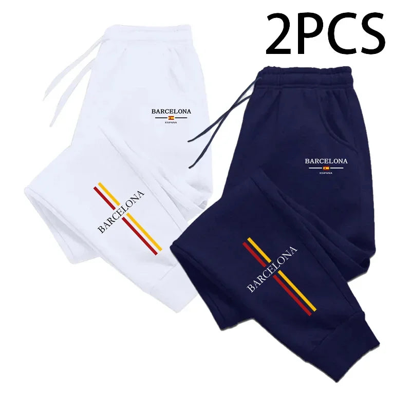 2pcs of 1 Pack Men's Sweatpants Barcenola Print Casual Sporty Jogger Pants Fall Winter Home Outdoor Comfort Warm Trousers 2 in 1