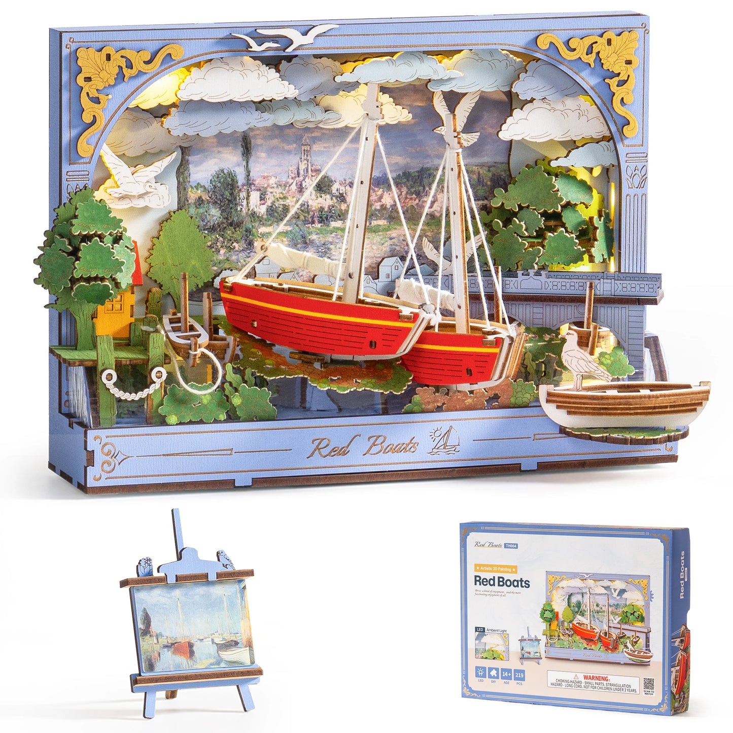 Rolife Red Boats Wooden 3D Puzzle 219 PCS DIY Wall Art Building Model Kit with LED Light for Home Decor Desktop Decor Wall Decor Gift for Adults Kids Friends