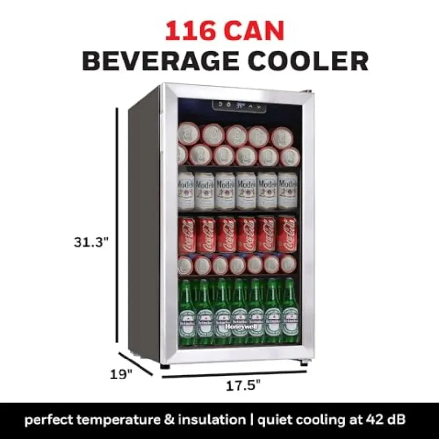Beverage Refrigerator and Cooler, Mini Fridge with Glass Door for Soda Beer or Wine in Office or Bar Use, Stainless Steel, Blac