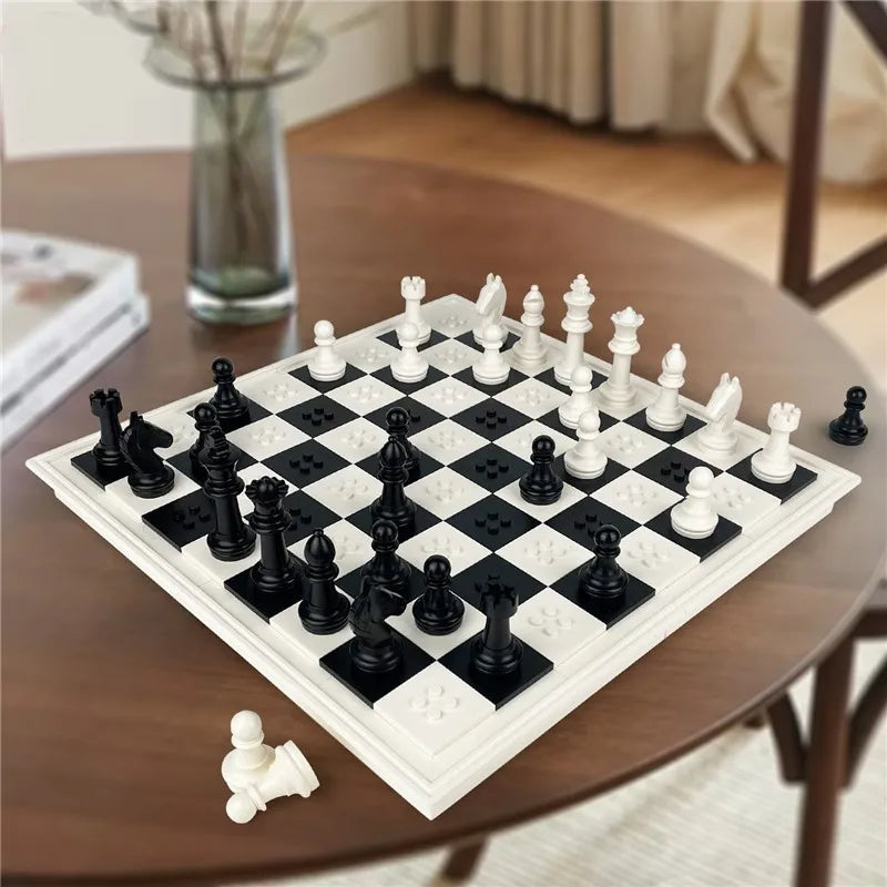 White Chess Set, Premium Folding Building Blocks with Storage Box, Black and White Design,Tabletop Game Toy For Children