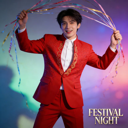 Mens Stamping Flower Suit Stand Collar Blazer Outfit Stage Performance Party Formal Wear