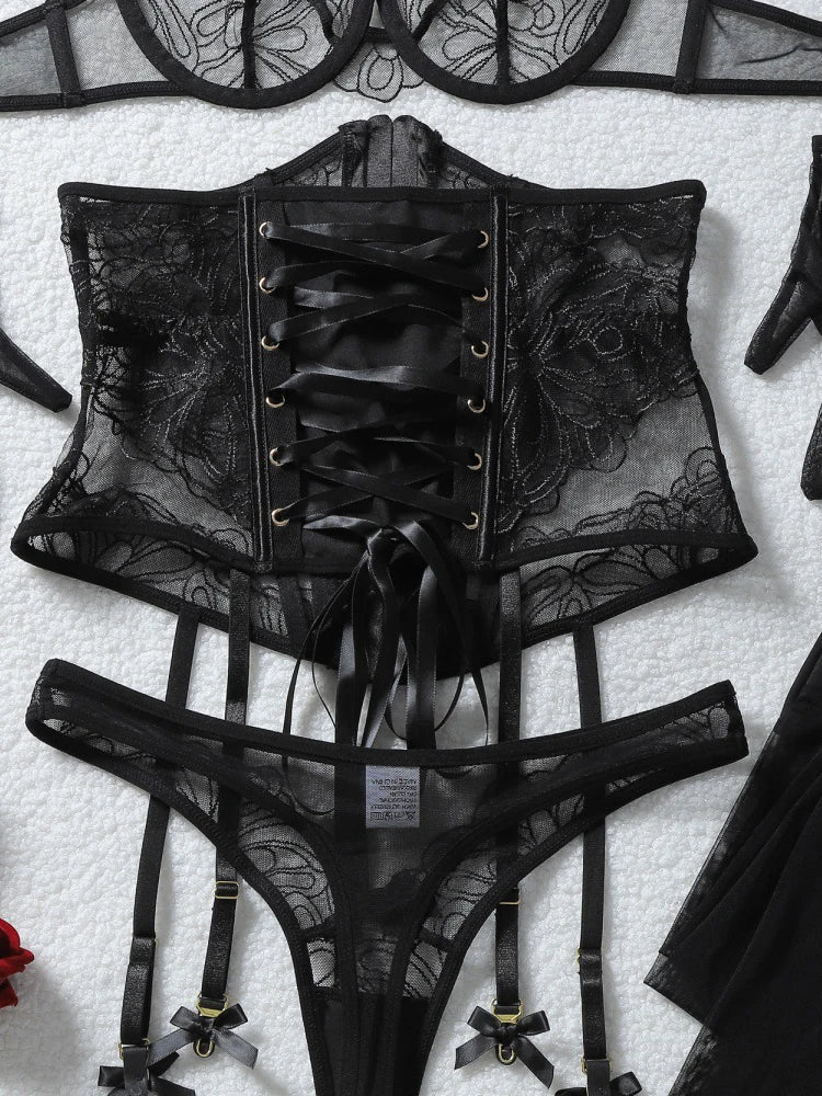 Belamimi Women's Lingerie Sets  Corset Thong 5PC Set Sexy Hot Strapless Lace Fancy Deep V-neck Women Underwear
