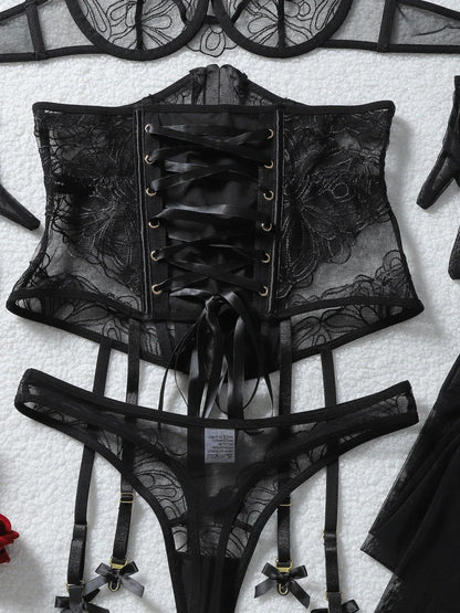 Belamimi Women's Lingerie Sets  Corset Thong 5PC Set Sexy Hot Strapless Lace Fancy Deep V-neck Women Underwear