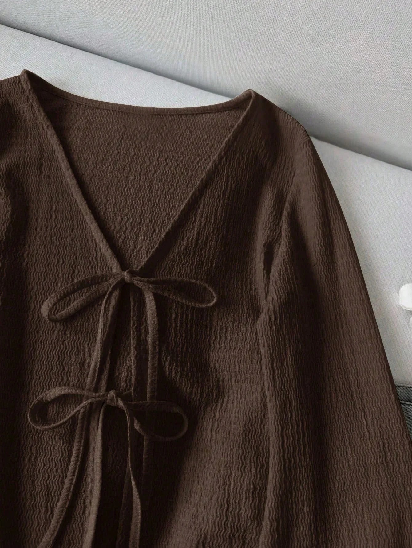 Ladies' Spring and Autumn Winter Brown Texture V-neck Strap Loose Casual Long sleeved T-shirt Top