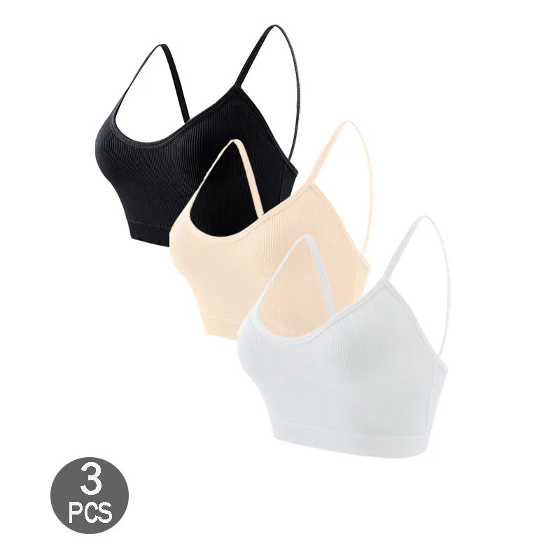 3PCS Women's Ribbed Cotton Bra With Chest Cushion Beautiful Back Sling Tank Top for Yoga Girl's Shock-absorbing Sports Underwear