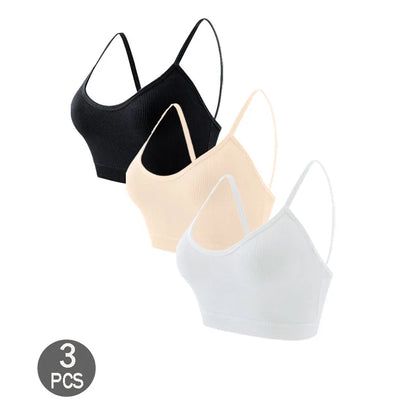 3PCS Women's Ribbed Cotton Bra With Chest Cushion Beautiful Back Sling Tank Top for Yoga Girl's Shock-absorbing Sports Underwear