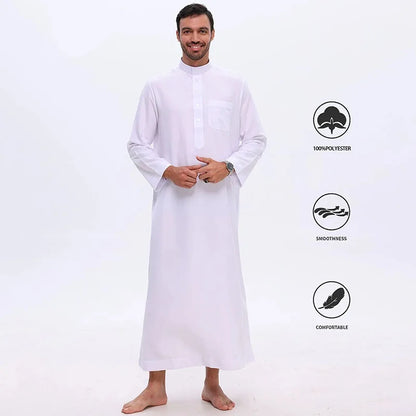 Islamic Men's Clothing White Long Sleeve Loose Muslim Long Robe Man Abaya Arab Kaftan Button Stand Collar Thobe Jubba