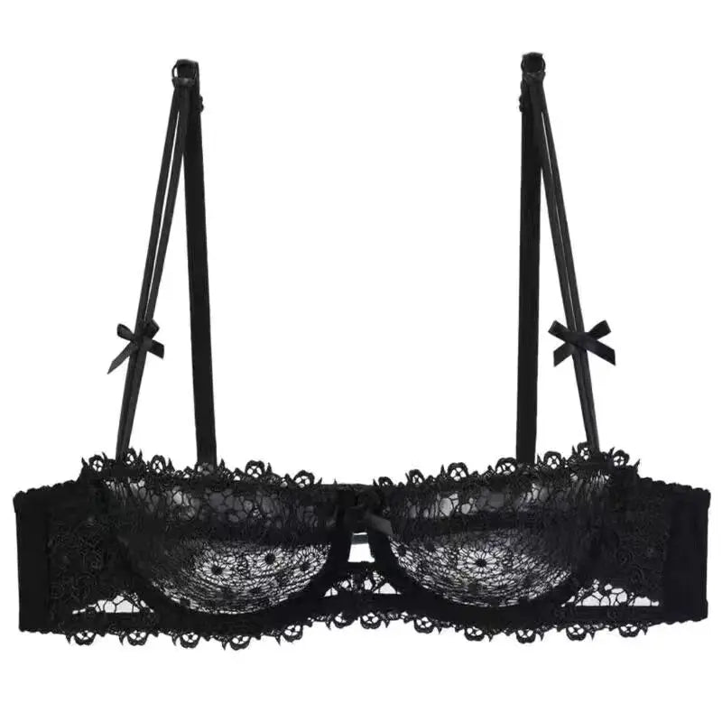 Sexy Lace Bra Set for Women Plus Size Half Cup Sheer Ultra Thin Nipple Concealed Erotic Lingerie Push Up Comfort Underwear Set
