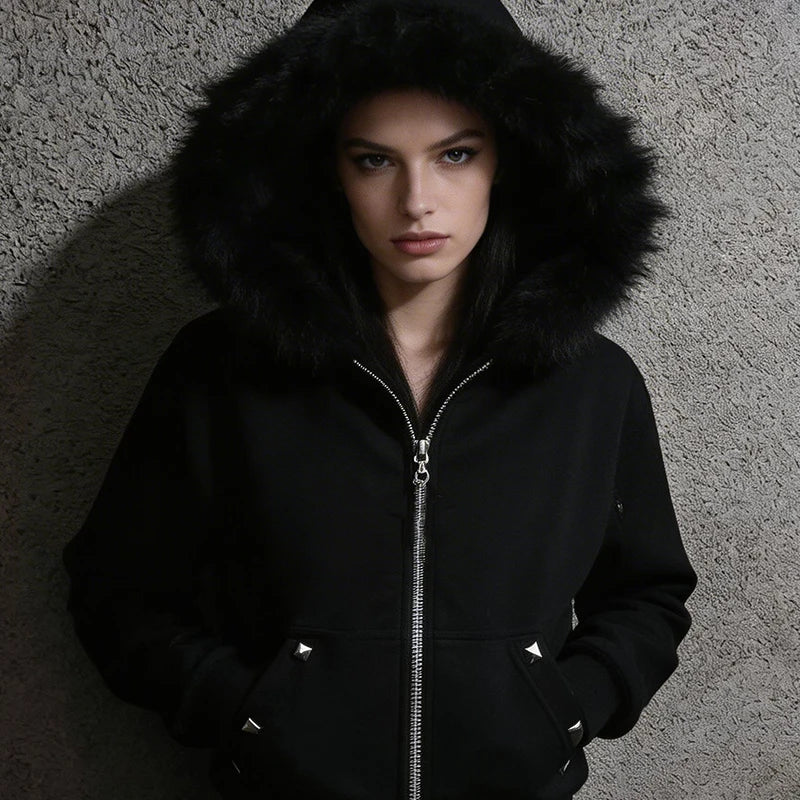Winter European American Plush Collar Square Rivet Cardigan Zipper Long Sleeves Hoodie Trend Street Men's Women's Clothing Top