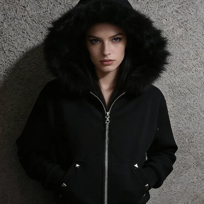 Winter European American Plush Collar Square Rivet Cardigan Zipper Long Sleeves Hoodie Trend Street Men's Women's Clothing Top