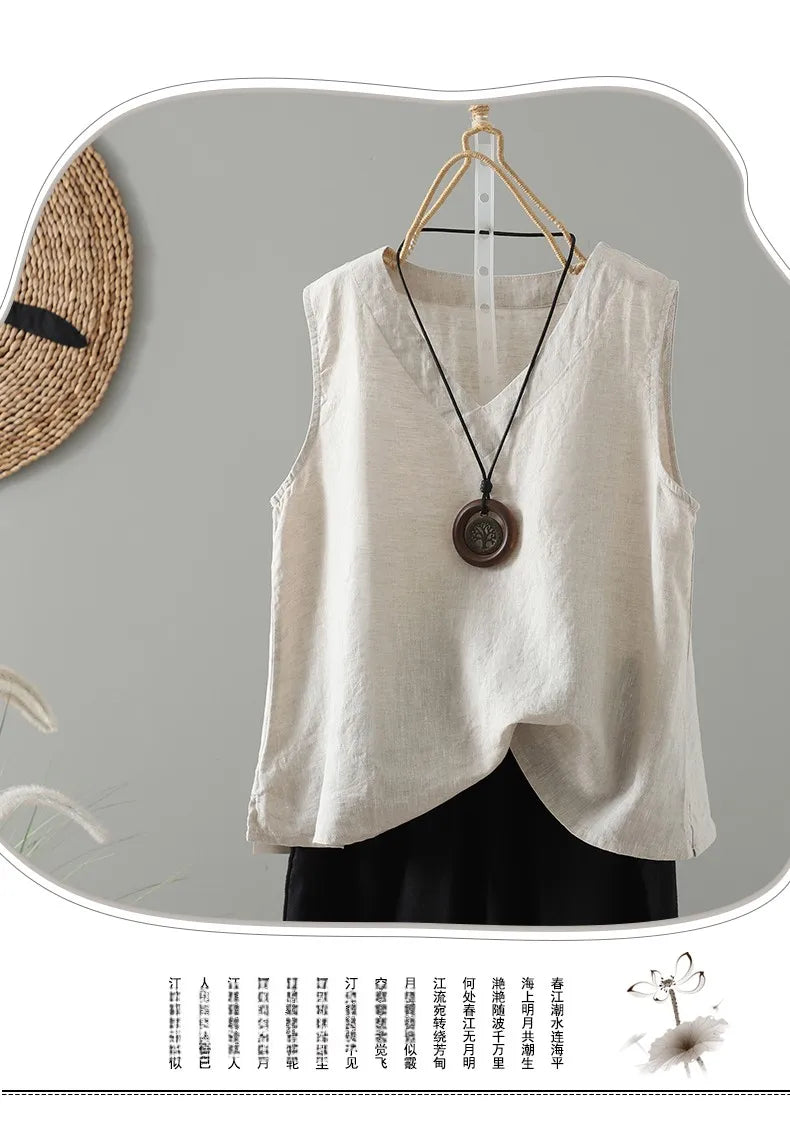 Slimming Pure Color Cotton Linen Lightweight Sleeveless round Neck Inner Wear Large Size Women's Fashionable Versatile Top