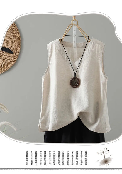 Slimming Pure Color Cotton Linen Lightweight Sleeveless round Neck Inner Wear Large Size Women's Fashionable Versatile Top