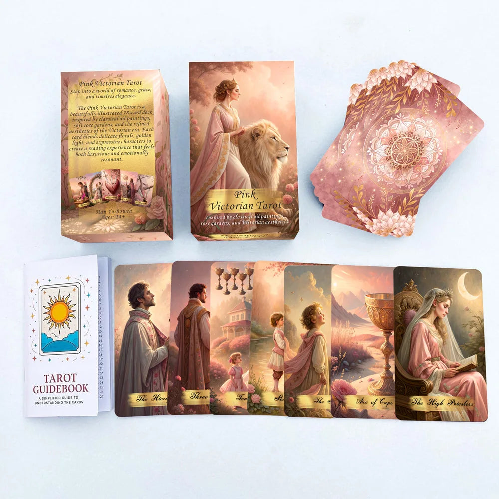 Pink Victorian Tarot Cards Set, 78 Pieces, 13x8 Cm, Romantic & Elegant Design, Includes Paper Instructions, Perfect for Beginner