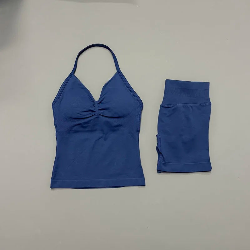 HISTELLO 2 Pieces Sports Set Women Yoga Longline Strap Top Scrunch Seamless Shorts Sport Gym Set Sportswear Workout Fitness Set