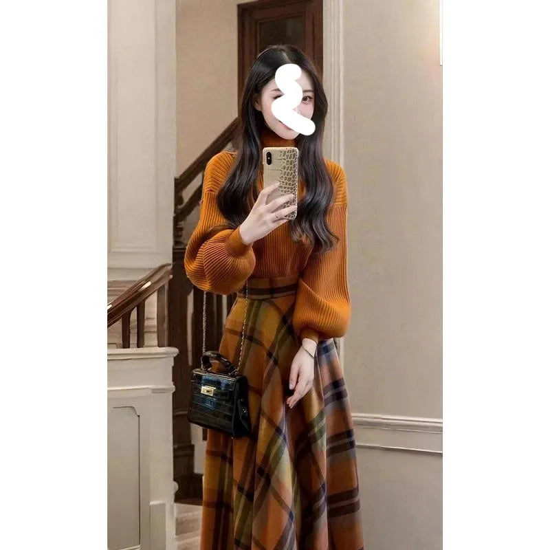 Retro Knitted Sweater Skirt Set Women's Plaid  Skirt Long Sleeve round Neck Two-Piece Suit Autumn Fashion Casual Wear