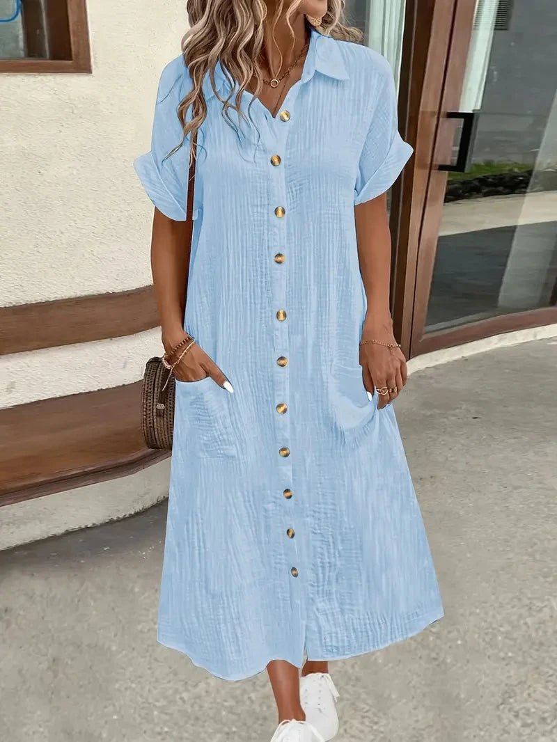 Women's 2025 casual Summer Shirt Dresses Short Sleeve Solid Color Dress