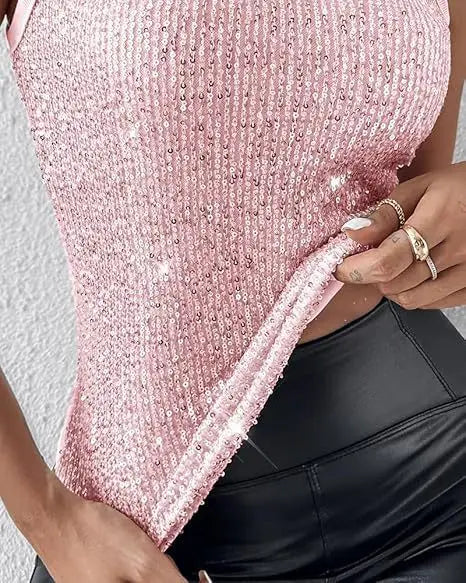 Women Sparkly Tank Top Sleeveless Round Neck Glitter Crop Top Y2K Party Club Summer Casual Streetwear for Ladies Daily Wear