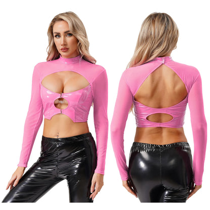 Womens Sheer Mesh Leather Patchwork Crop Top Long Sleeve Hollow Out Slim Fit Glossy Blouse Tops for Halloween Party Raves Dance