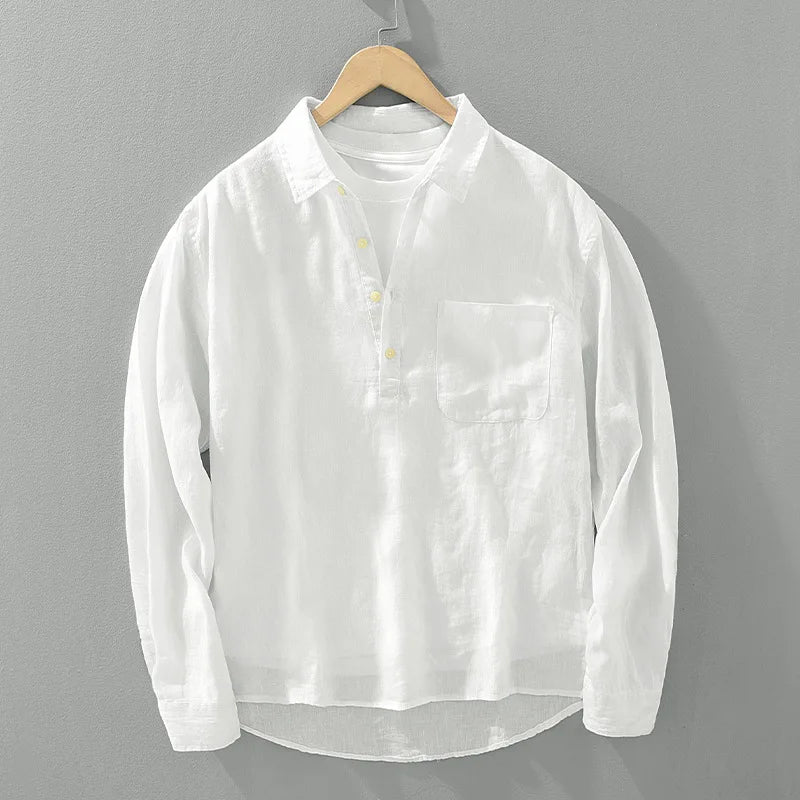 100% Linen Loose Square Collar Long Sleeve Shirt, Men's Pullover Leisure Stone Washed Linen Top, Outdoor Camping Natural Fabric