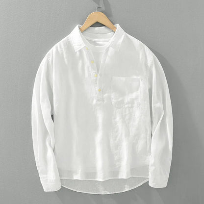100% Linen Loose Square Collar Long Sleeve Shirt, Men's Pullover Leisure Stone Washed Linen Top, Outdoor Camping Natural Fabric