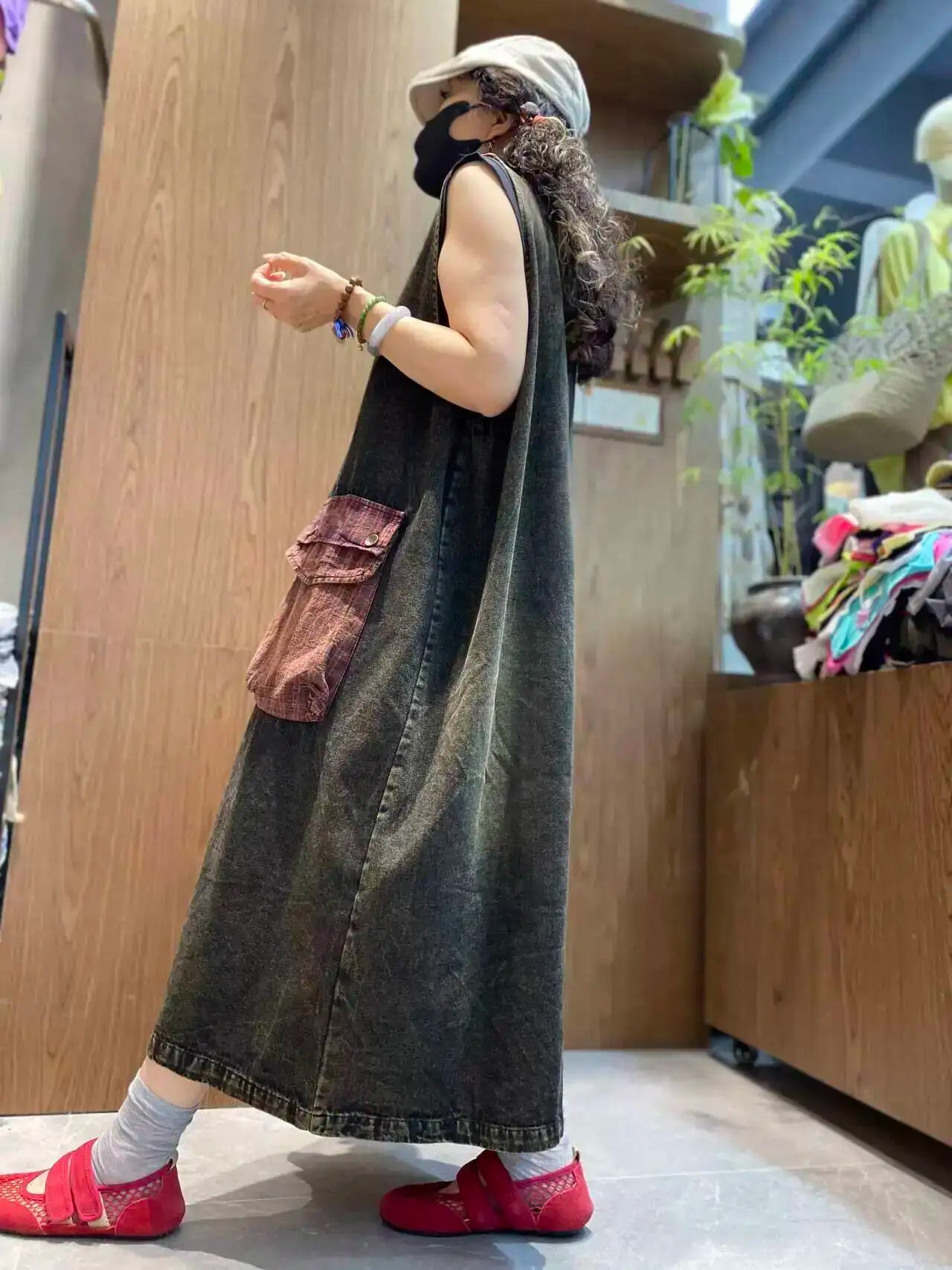Color-blocked Large Pocket Denim Dress Women Sleeveless Suspender Tank Dress XY326