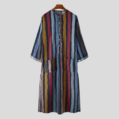Men's Striped Print Arabic Thobe - Long Sleeve One Piece Islamic Robe,Middle Eastern Traditional Muslim Wear with Ethnic Pattern