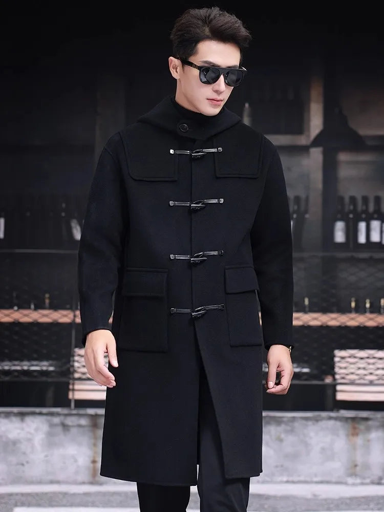 Mens 100% Wool Trench Overcoat Vintage Horn Button Hooded Long Coat Double Faced Sheep Fur Loose Fit Windbreaker Woolen Blends